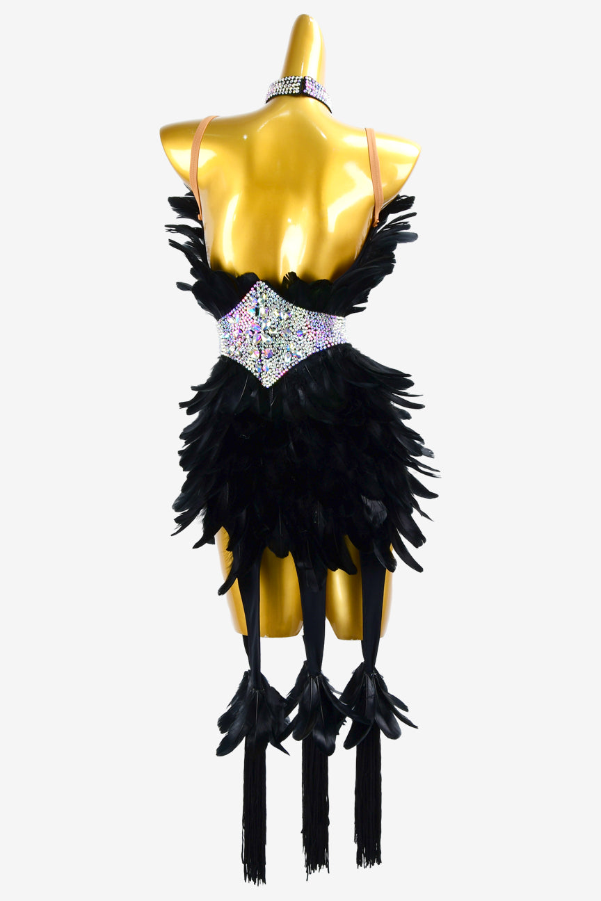 Permino black Latin dress with tassels, feathers, white crystal AB & sew-on stones