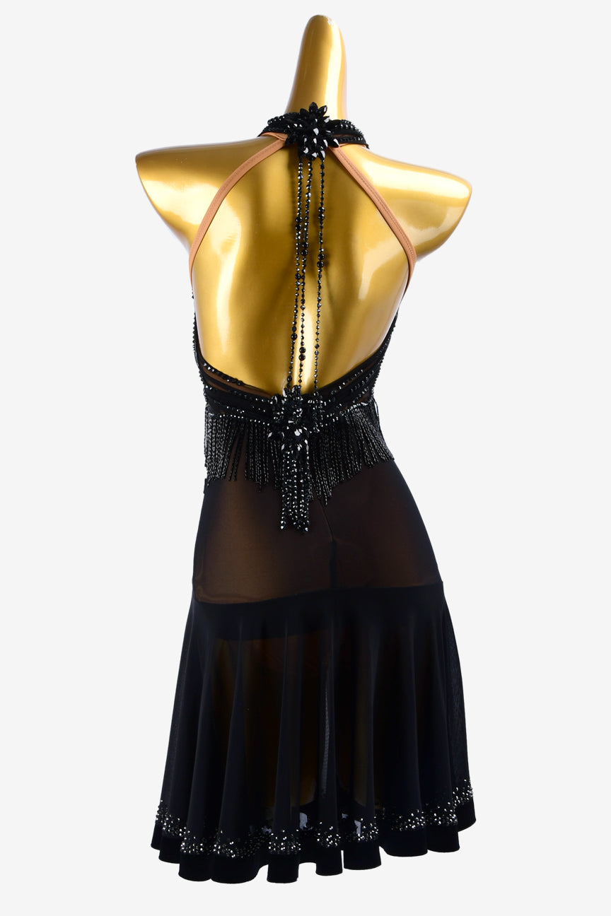 Permino black mesh Latin dress with beaded fringes, beaddings, rhinestones & sew-on stones
