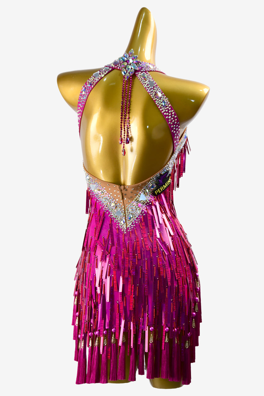 Permino mediumvioletred matt lycra Latin dress with beadings, sequins, silver mirror stones, AB stones & tassels
