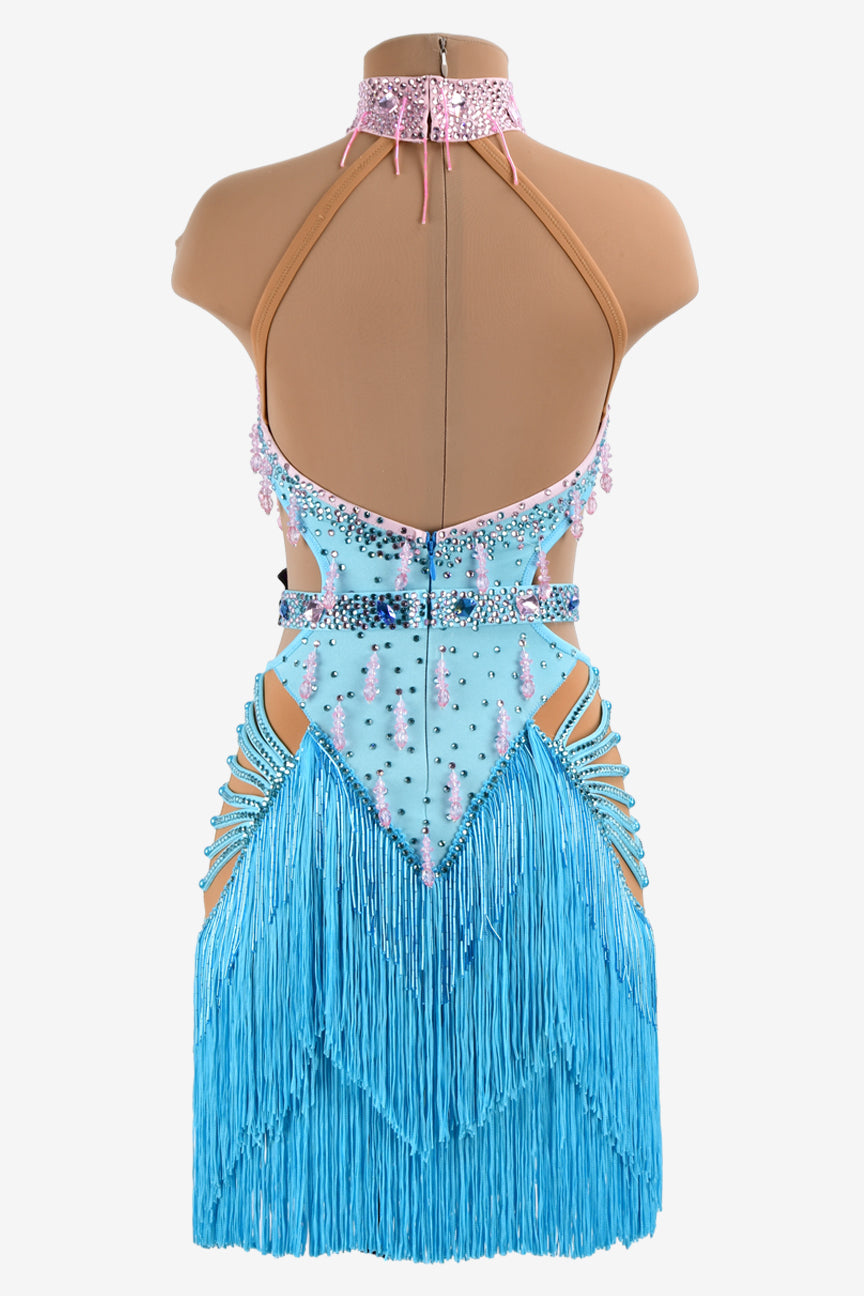 Permino sky blue Latin dress with light pink beaded fringe, fringe and rhinestone