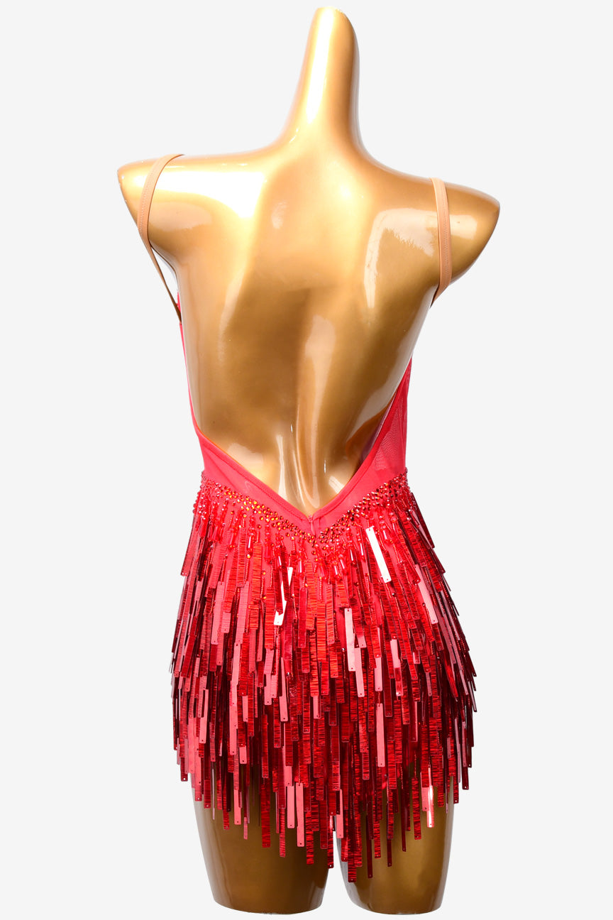 Permino red mesh spliced crystal fishnet Latin dress with rhinestones, beadings & sequins