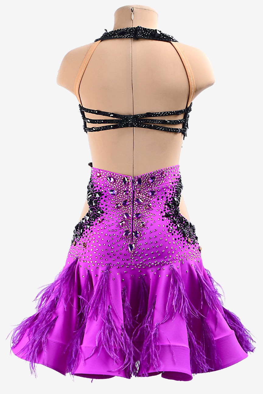 Permino brilliant violet & black Latin dress with beaded fringes, lace appliqués, feathers, rhinestones & sew-on stones
