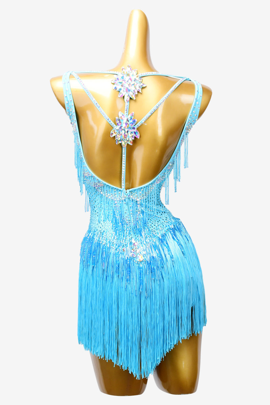 Permino sky blue matt lycra Latin dress with fringes, AB stones,beaded fringe & sew-on stones