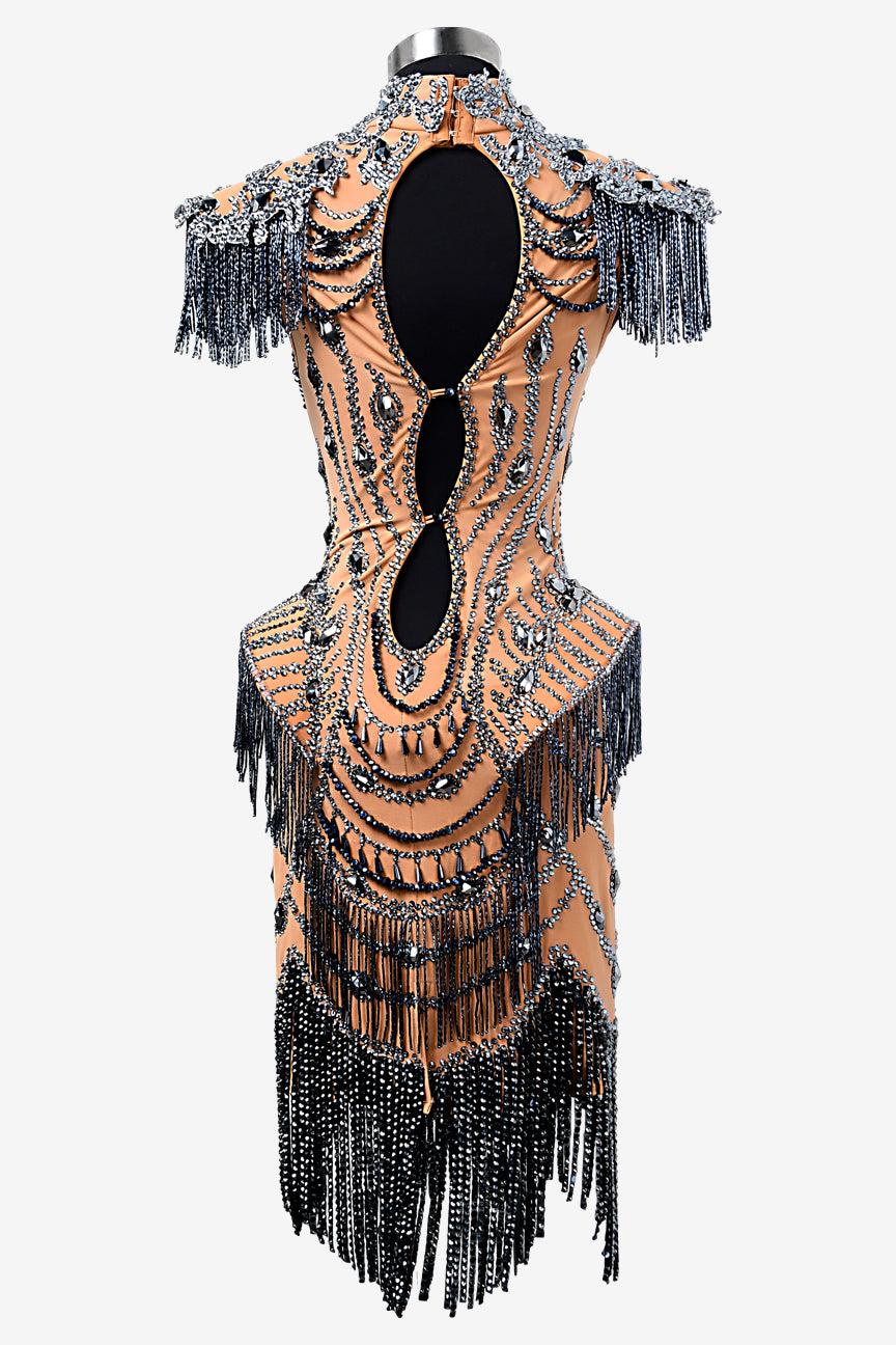 Permino fleshtone matt lycra Latin dress with lace appliqués, beadings, mineral gray crystals & stone fringes