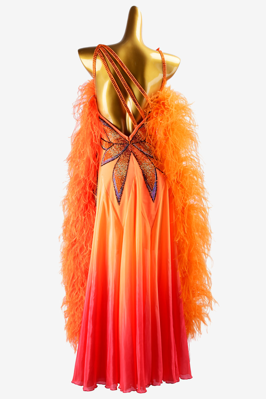 Permino orange lycra Standard dress with shaded pearl chiffon underskirt, rhinestone applique & feather boas