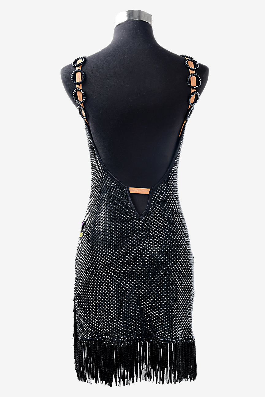 Permino black matt lycra Latin dress with crystals fishnet, beaded fringes & rhinestones