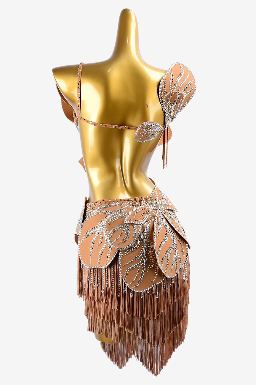 Permino burly wood matt lycra Latin dress with appliques, fringes, stone fringes, rhinestone sew-on stones