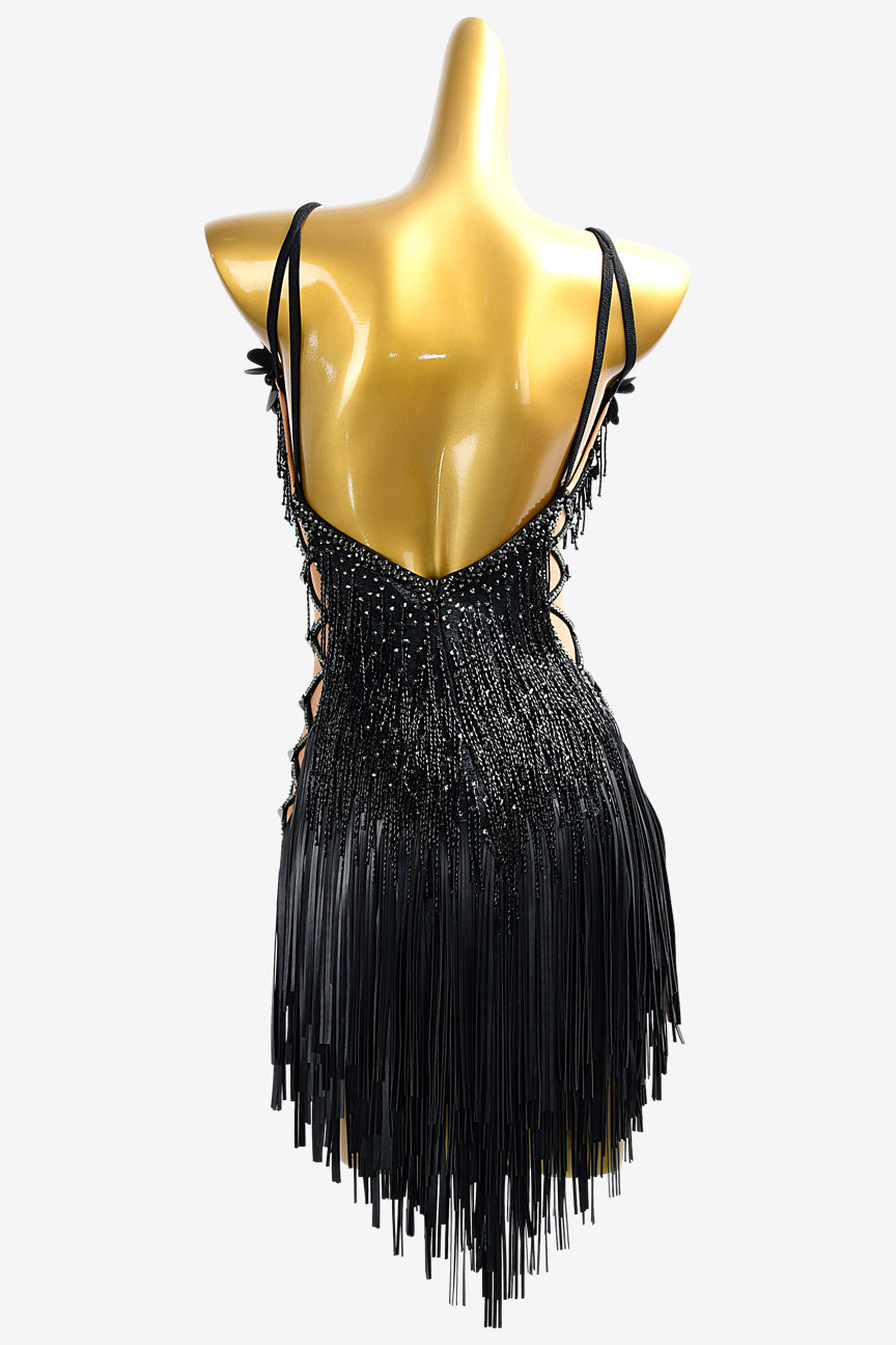 Permino black matt lycra Latin dress with leather fringes, rhinestones, beaded fringes & flower appliques