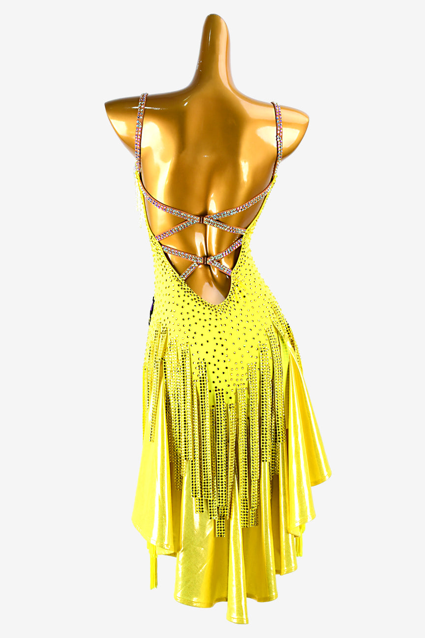 Permino yellow lustre lycra backless Latin dress with stone fringes and white beaded fringes