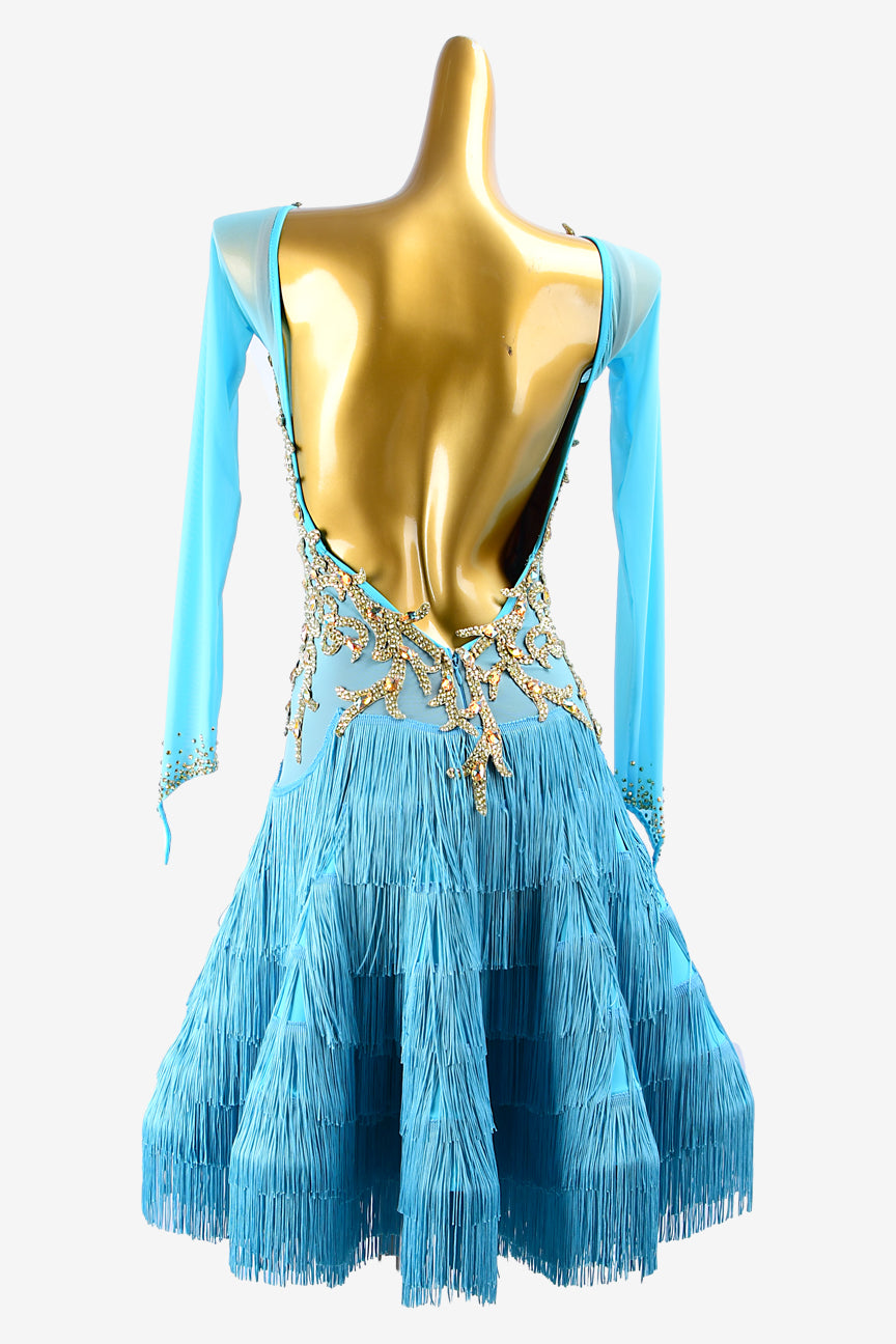 Permino light skyblue mesh Latin dress with fringes, gold lace appliqués, AB sew-on stones & crystals