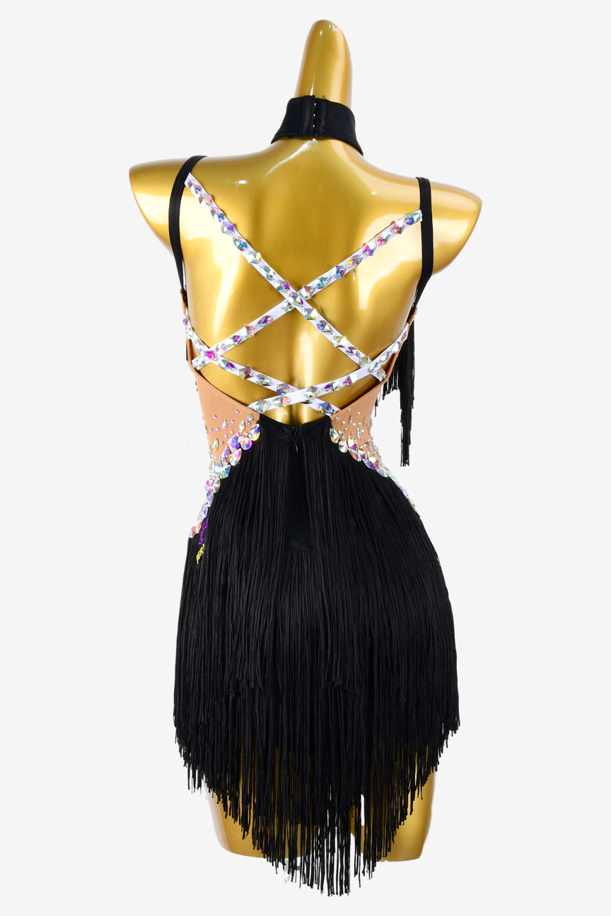 Permino fleshtone & black matt lycra Latin dress with AB colorful stones and fringes