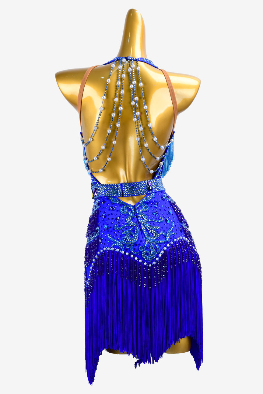 Permino international kIein blue Latin dress with lace appliqué, fringe, skyblue beaded fringes, crystals & beadings