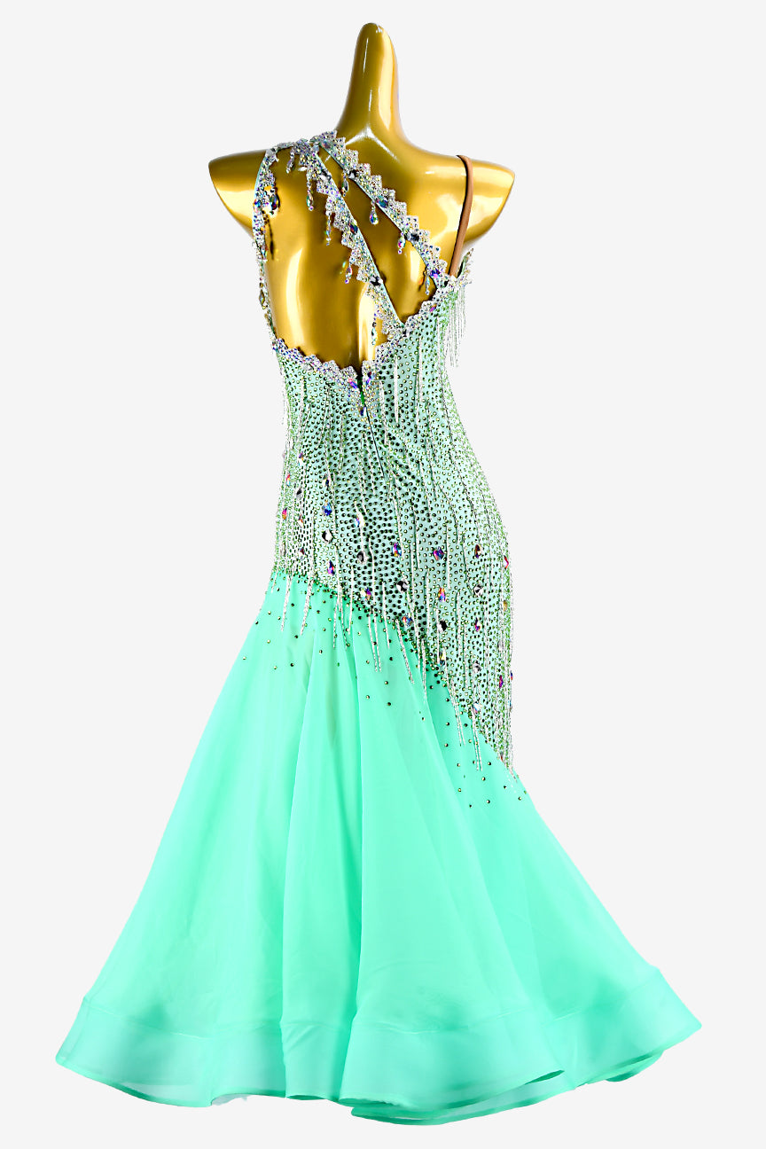 Permino mintcream Standard dress with aquamarine pearl chiffon underskirts, silver beaded fringes, lace & crystal AB