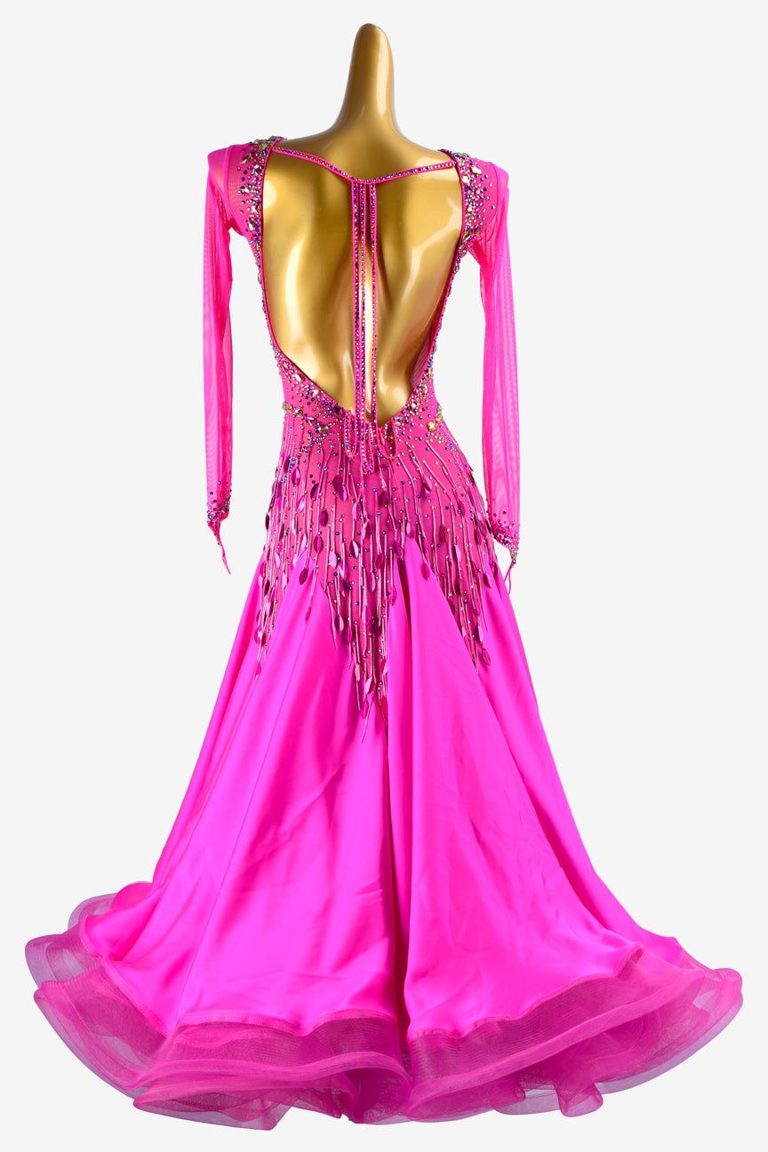 Permino rose mesh Standard dress with pearl chiffon underskirt, sequins, beaded fringes, crystals & sew-on stones