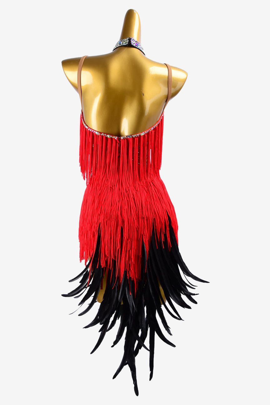 Permino fleshtone lycra Latin dress with red fringes, black feathers, silver crystals & sew-on stones