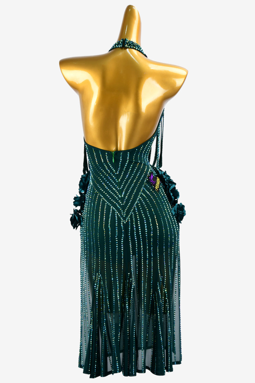 Permino malachite green mesh Latin dress with stone fringes, flower applique & rhinestones