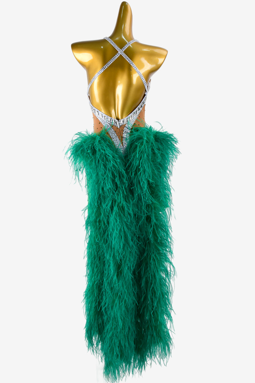 Permino fleshtone matt lycra Latin dress with sea green feathers, beaded fringes, rhinestones & sew-on stones