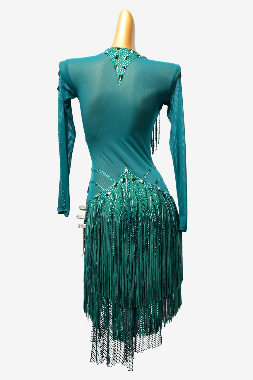 Permino navy blue Latin dress with stone fringes, fishnet,crystal AB and fringe