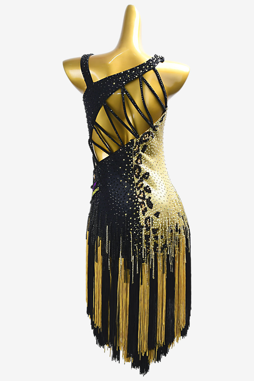 Permino black & burnt yellow Latin dress with tassels, gold beaded fringe and rhinestone