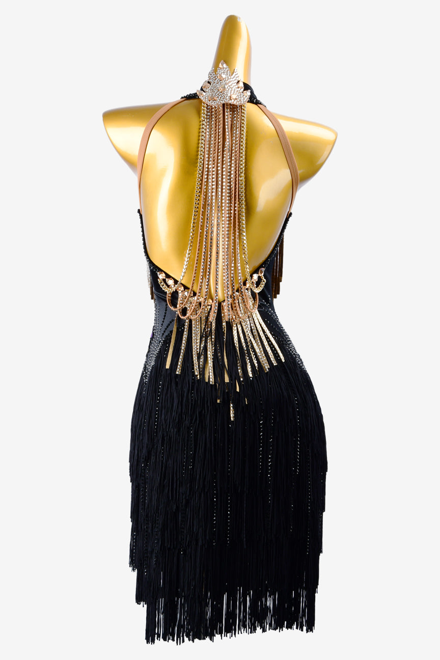 Permino black matt lycra Latin dress with fringes, gold chains & stone fringes and crystals
