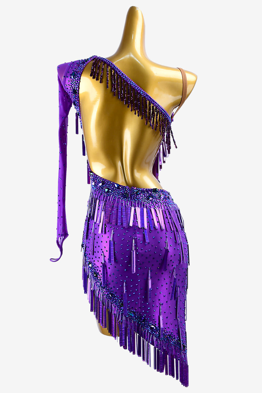 Permino violet lustre lycra Latin dress with mesh sleeve, sequins, darkblue rhinestones & sew-on stones