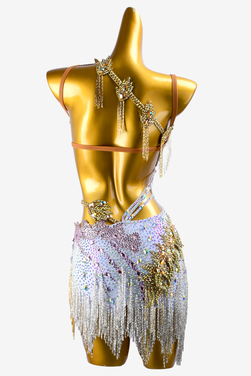 Permino white matt lycra Latin dress with gold lace appliqués, rhinestones, AB sew-on stones, pink & gold beaded fringes