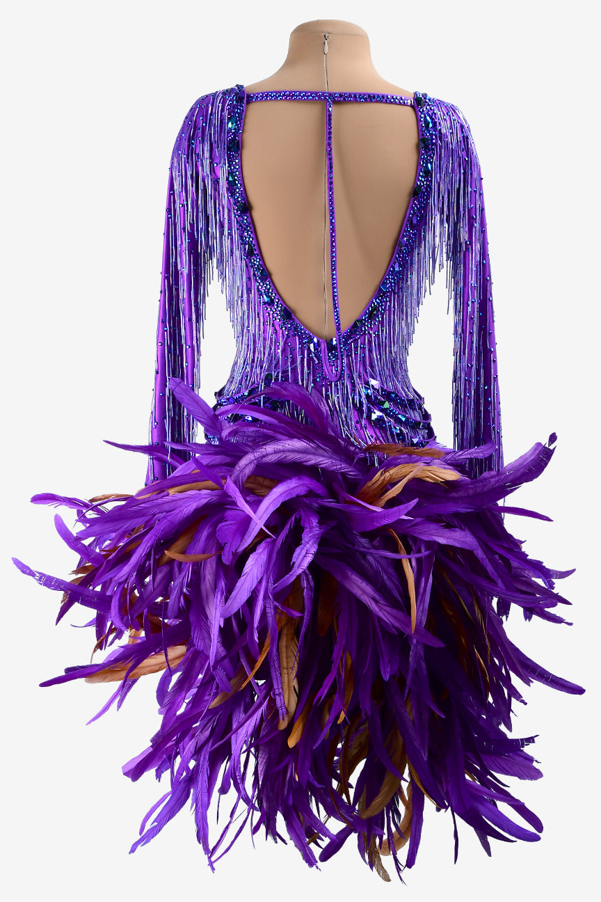 Permino violet dot shine lycra Latin dress with AB stones, stone fringes, feathers & beaded fringes