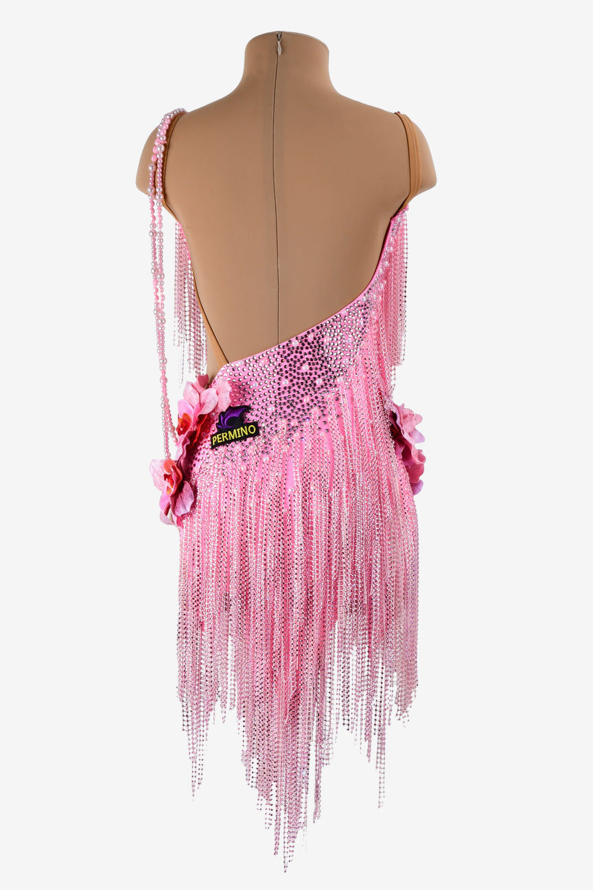 Permino pink matt lycra Latin dress with crystal fishnet fringes, rhinestone & flower appliques