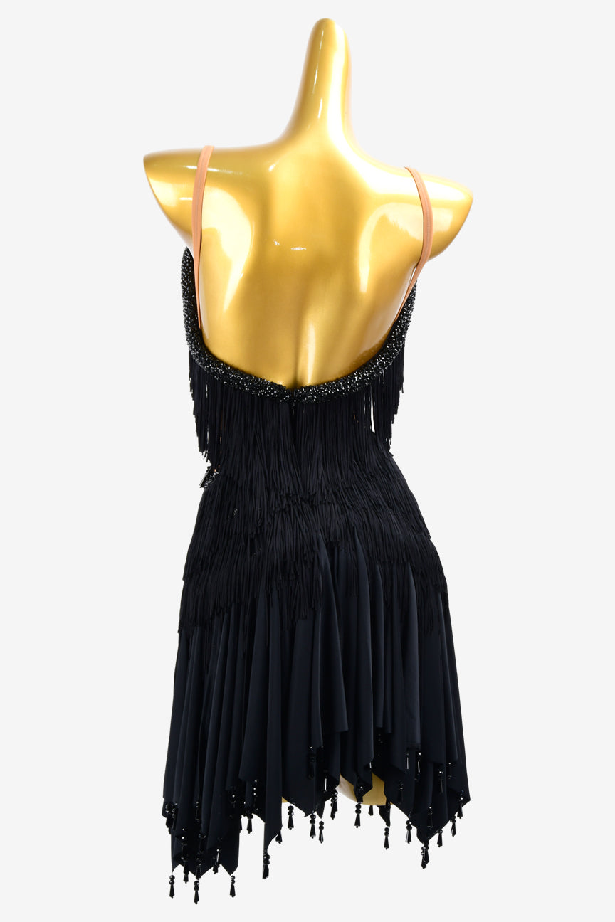 Permino black matt lycra Latin dress with fringes, crystals & beadings
