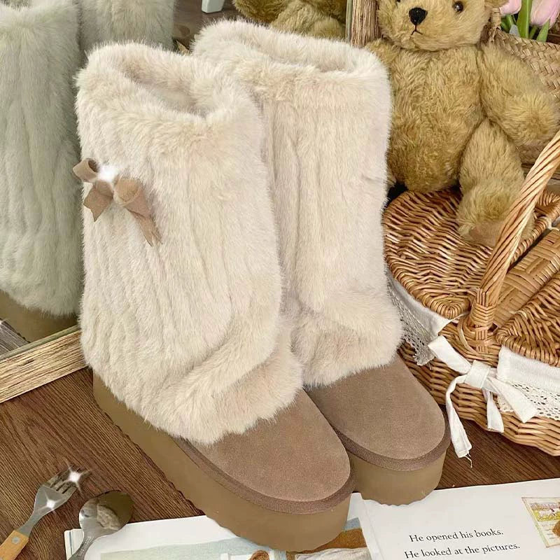 Pure Tea For Dream~Winter Love Song~Winter Lolita Mid-Calf Boots Plush Snow Boots Thick Sole