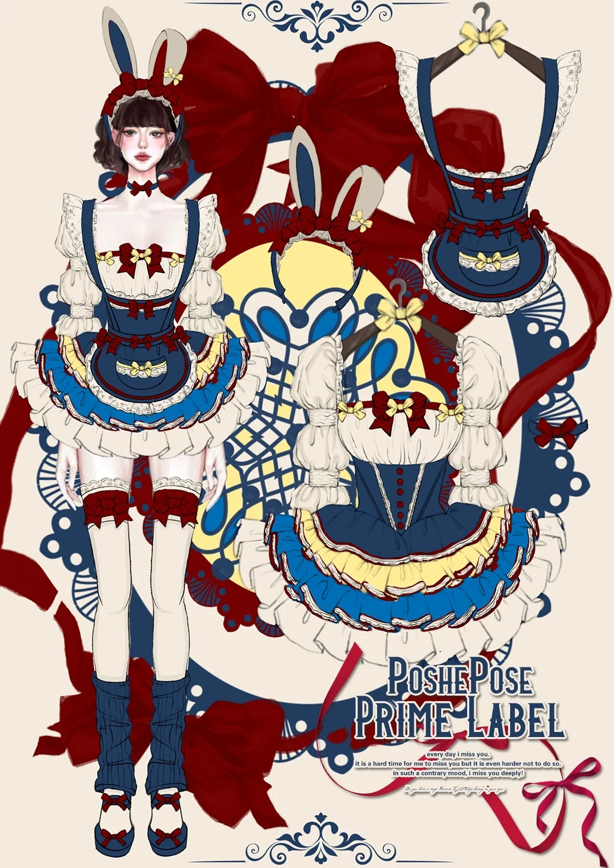 POSHEPOSE~Maid Bunny~Gorgeous Sweet Lolita OP Dress with Detachable Sleeves and Apron