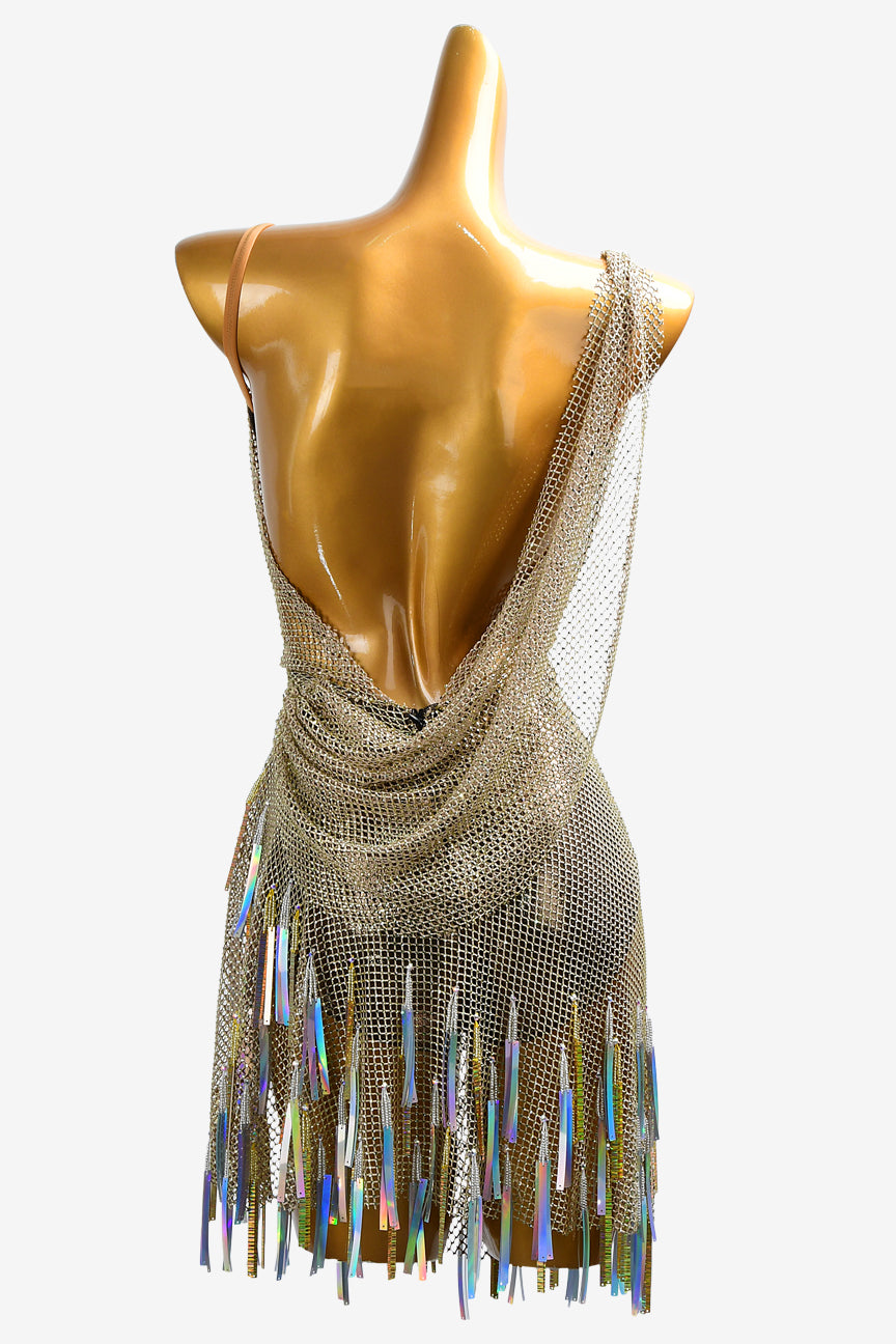 Permino fleshtone dot shine lycra Latin dress with gold crystal fishnet, lace appliqués, crystals AB & sequins