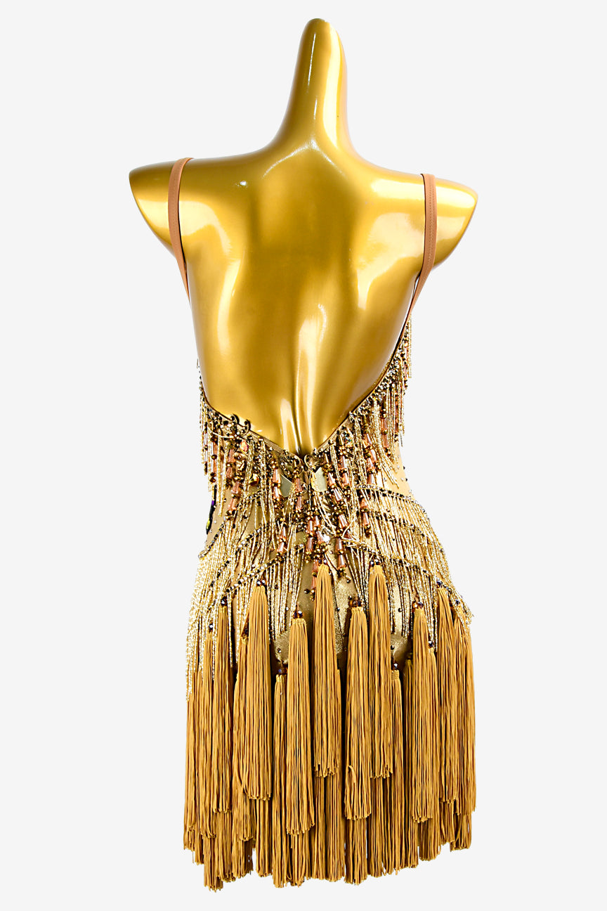 Permino gold dot shine lycra Latin dress with tassels, mirror stones, crystal AB & beaded fringes