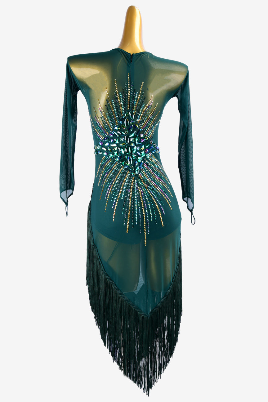 Permino malachite green mesh Latin dress with fringes, AB sew-on stones & rhinestones