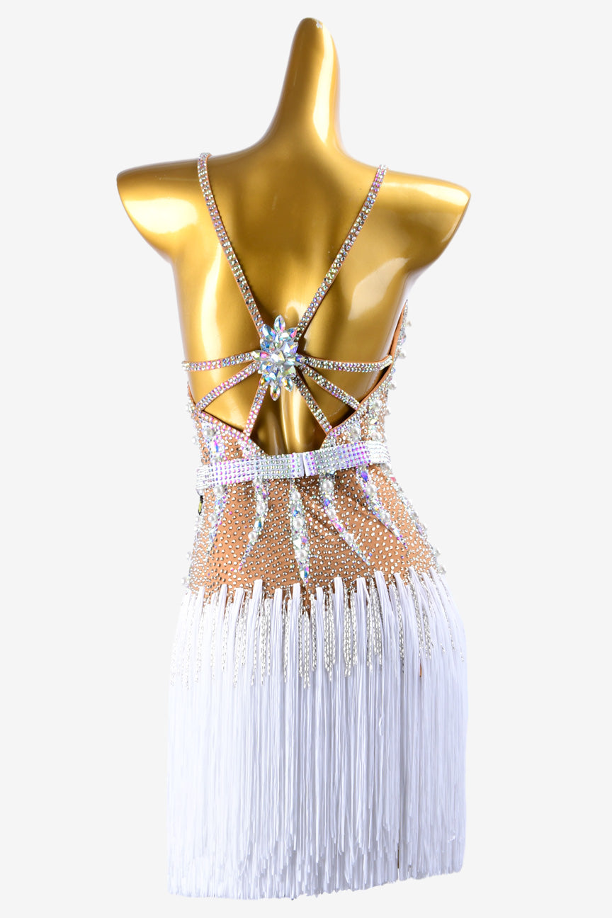 Permino skin yellow Latin dress with fringe,beaded fringe and crystal AB