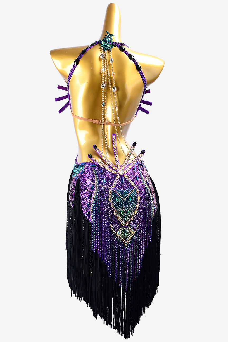 Permino purple lustre lycra fully crystallized Latin dress with stone fringes, black fringe, teal & gold sew-on stones