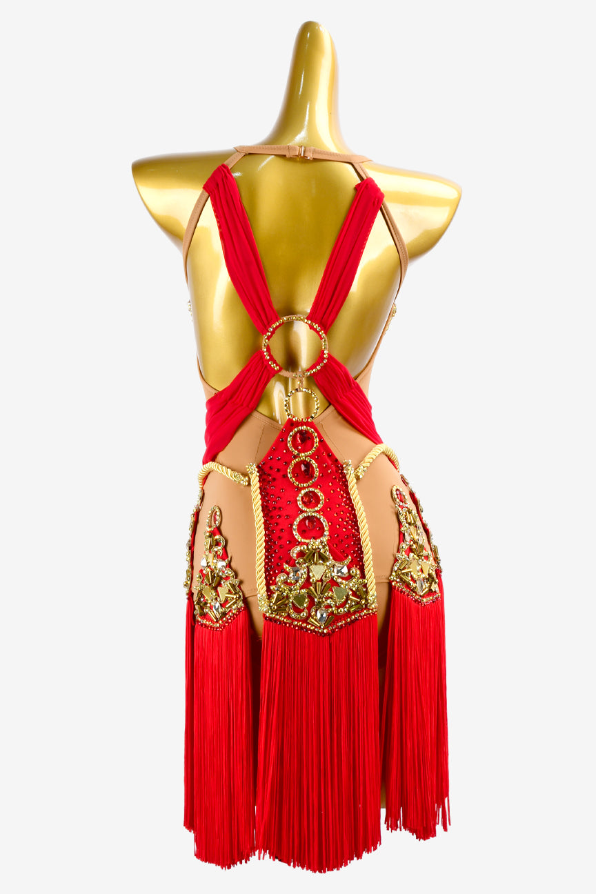 Permino red matt lycra Latin dress with fringe, gold rhinestone & sew-on stones