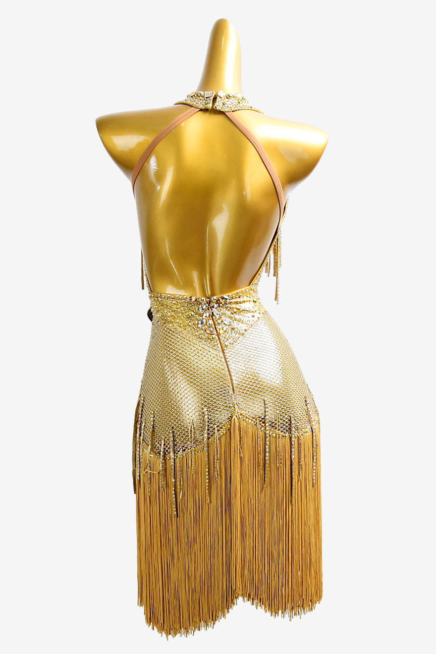 Permino gold sequin Latin dress with stone fringes, AB stones and fringes