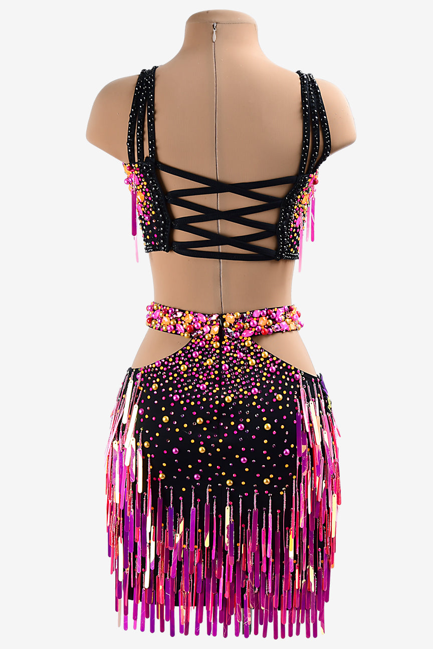 Permino black matt lycra Latin dress with magenta rose sequins, beadings, crystals & sew-on stones