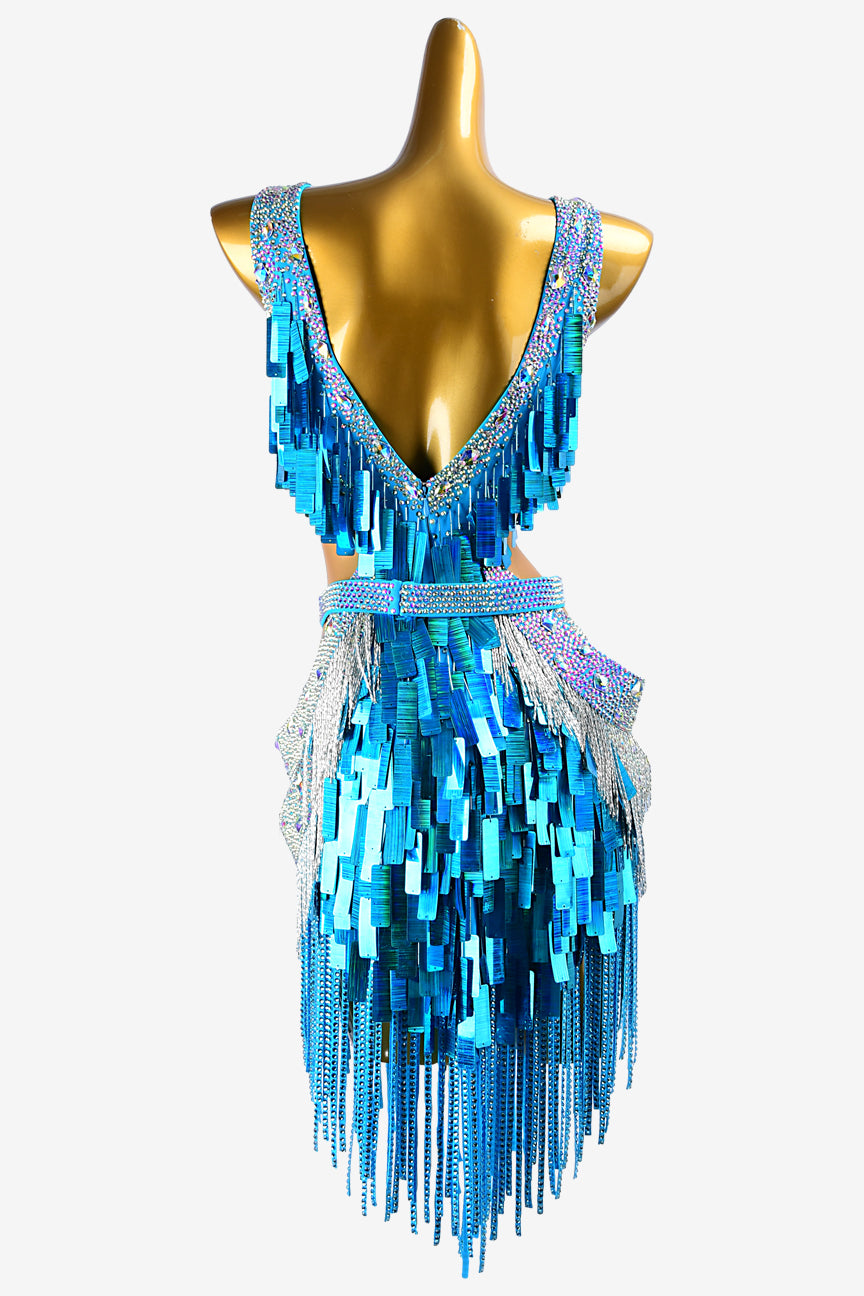 Permino sky blue Latin dress with sequins, stone fringes, silver beaded fringes, AB crystals & sew-on stones