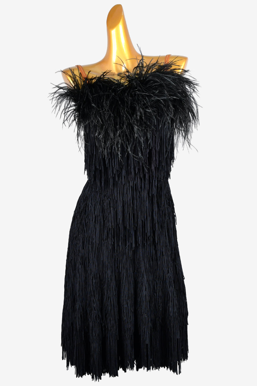 Permino black matt lycra backless Latin dress with fringes and feathers