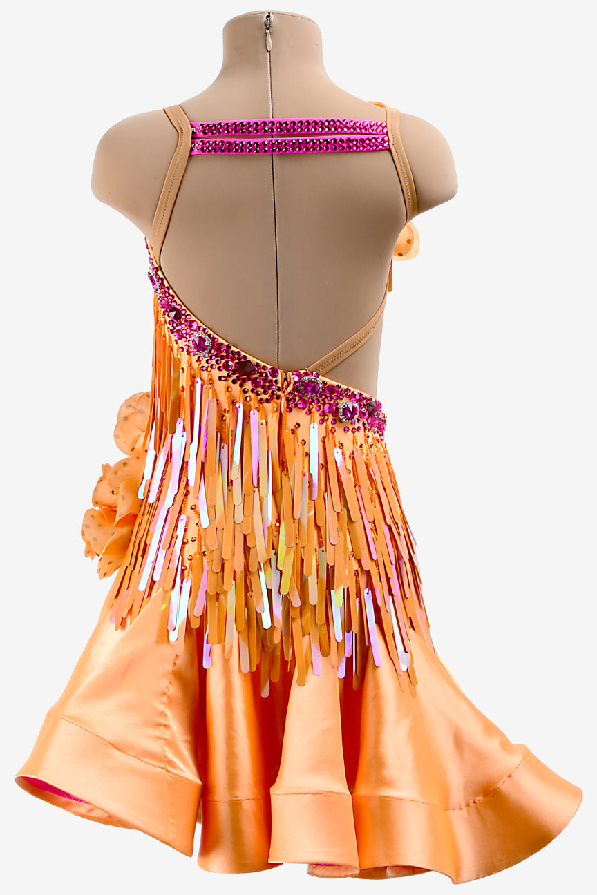 Permino light orange Latin dress with ruffle fishbone underskirt, sequins, flower appliques & crystals