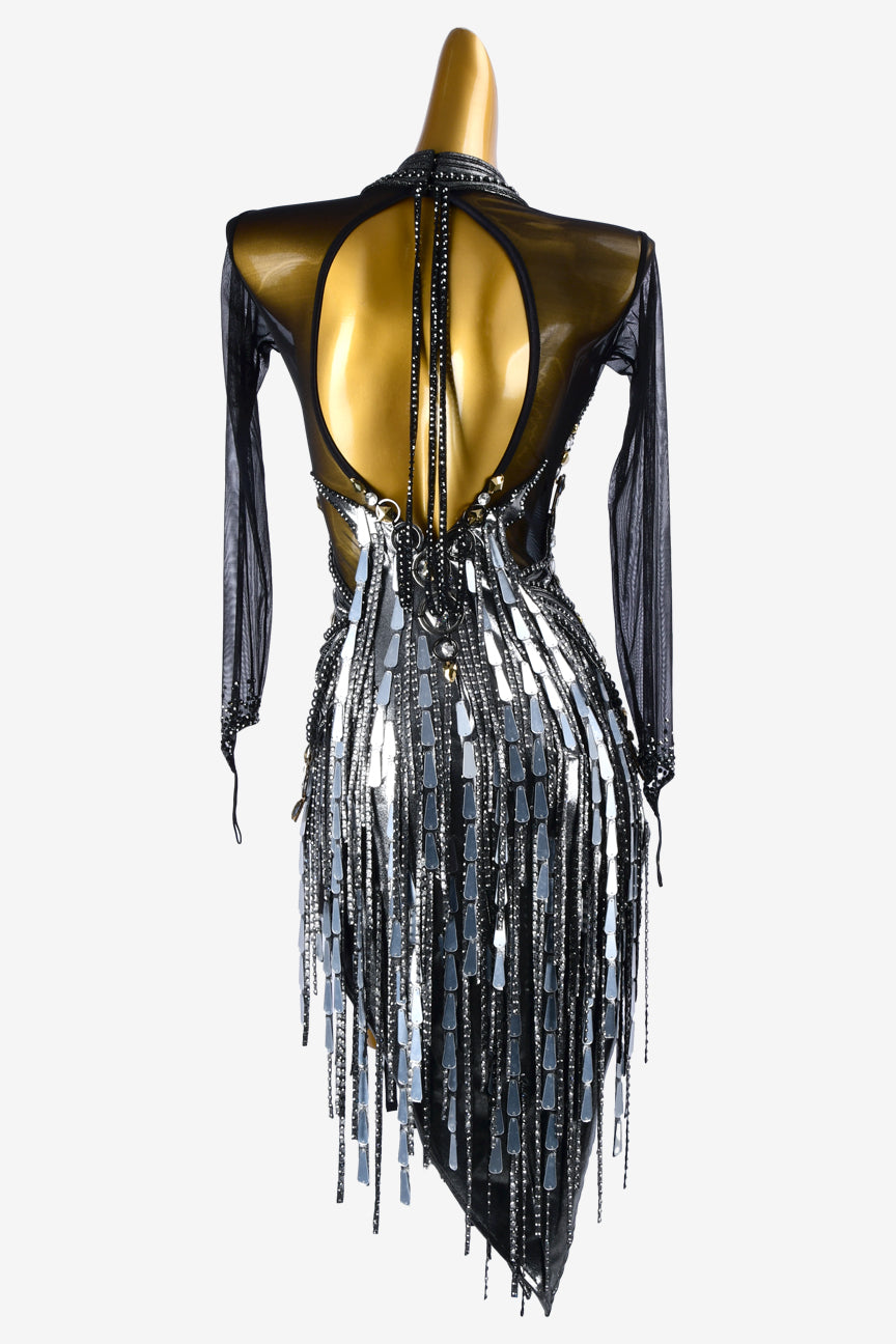 Permino black mesh Latin dress with sone mirror, rhinestones, stone fringes & silver sequins