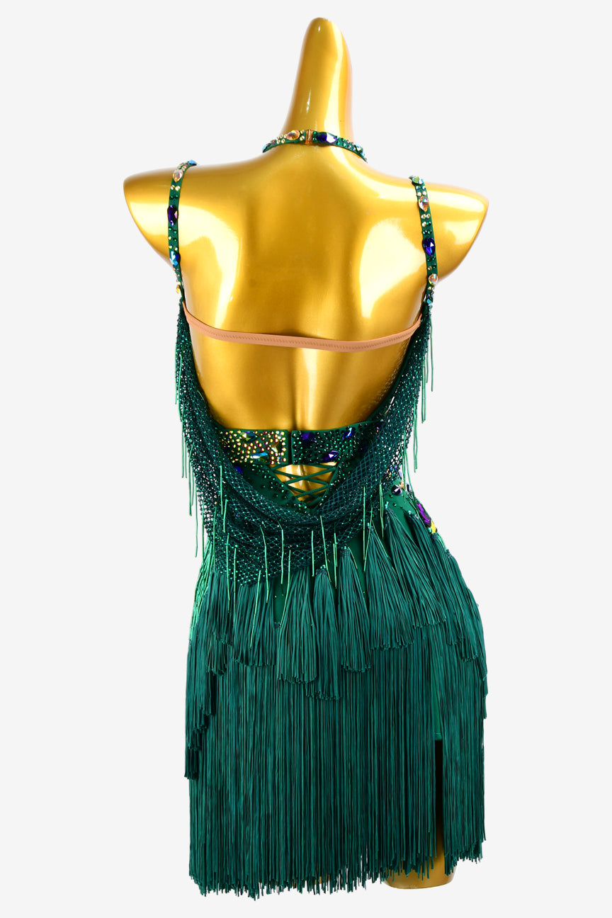 Permino turquoise green Latin dress with beaded fringe, crystal fishnet, tassels and AB stones