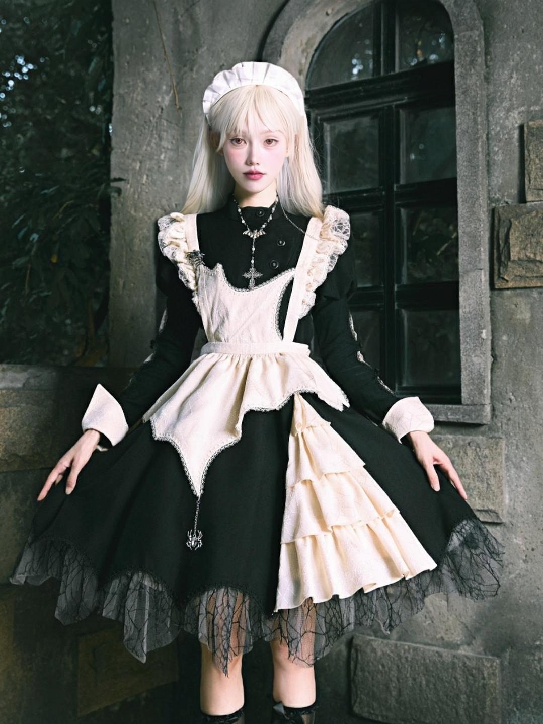 Sakurahime~Spider Dream~Gothic Lolita OP Dress Maid Lolita Built-in Fishbone Detachable Apron