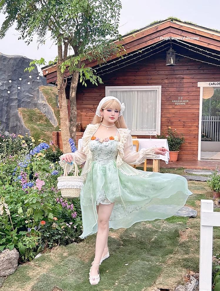 Yingtang~Plus Size Lolita JSK Dress Green Floral Lolita Dress Caidigan Set