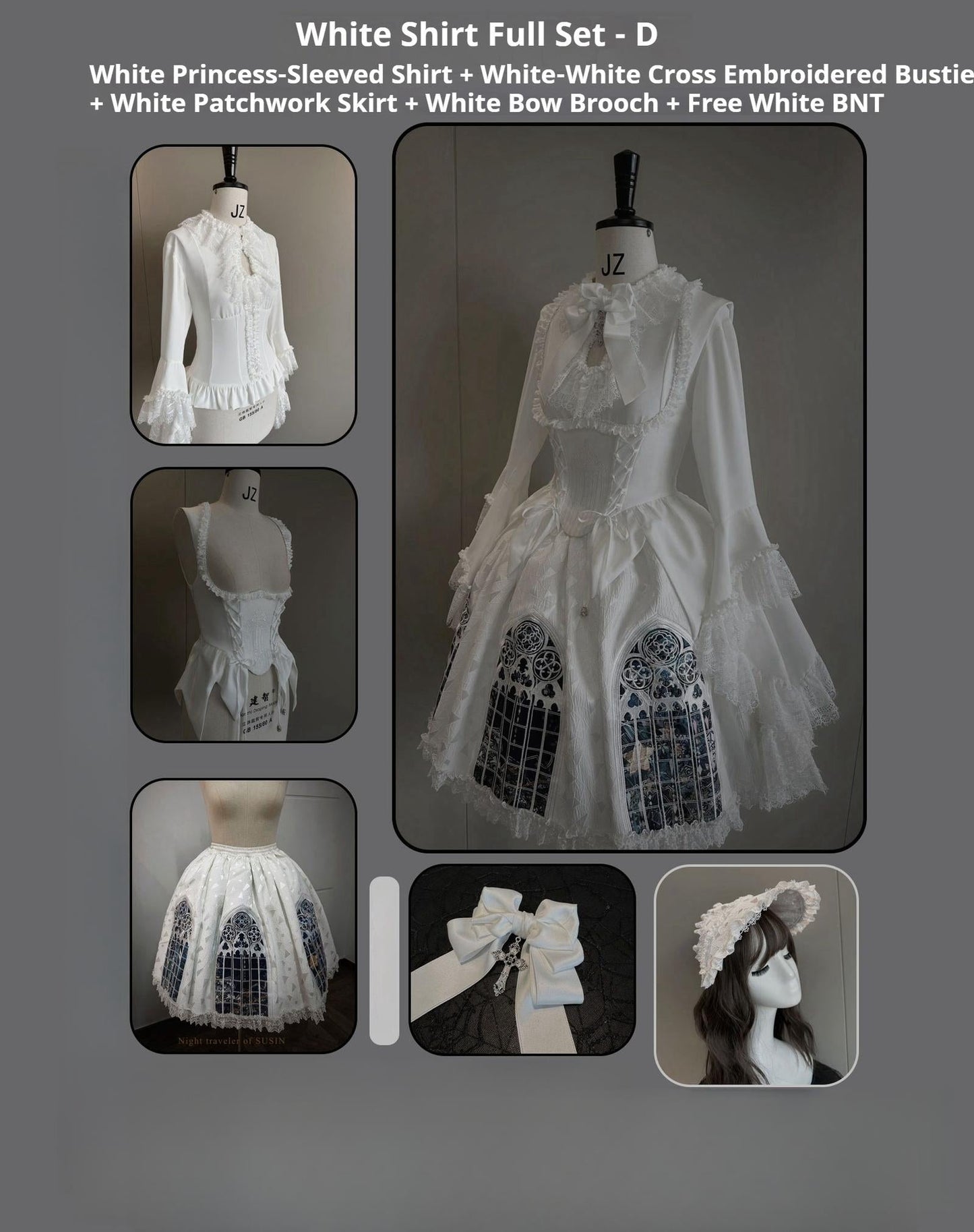 Susin Lolita~Night Traveler~Gothic Lolita Skirt Outfit Long Coat Shirt and Bustier Set