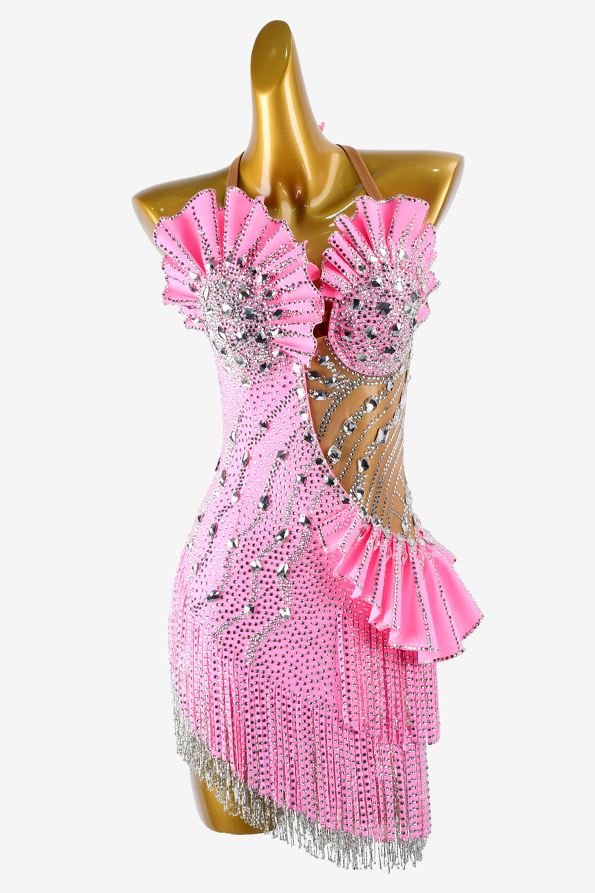 Permino bright pink matt lycra Latin dress with stone fringes, beaded fringes, silver sew-on stones & crystals