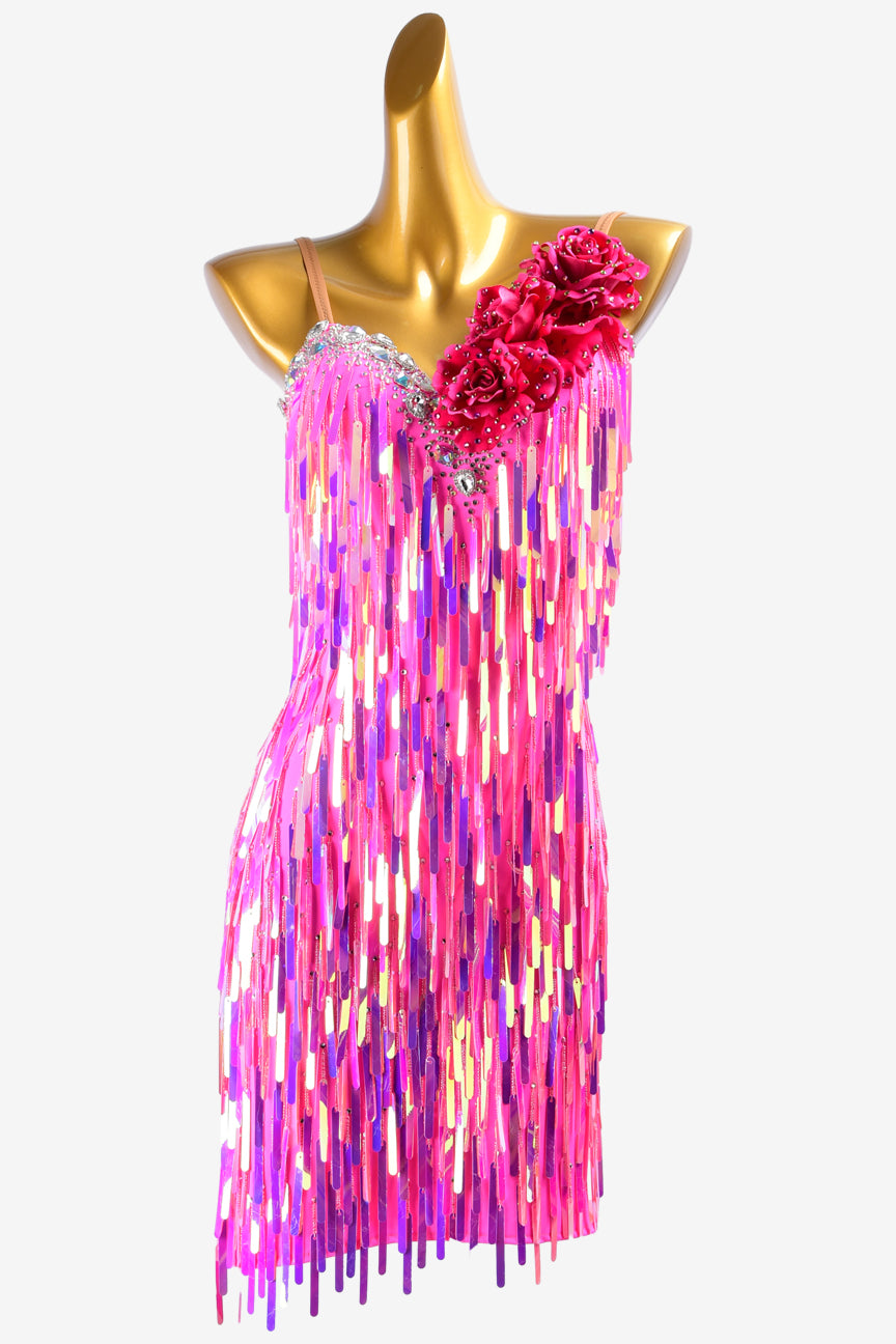 Permino magenta fully sequins Latin dress with crystals, sew-on stones & flower appliques