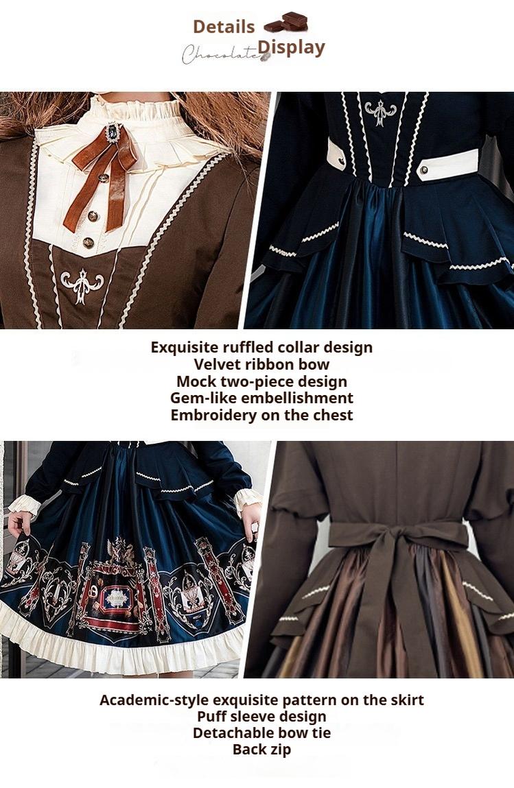 Jinmu~Chocolate Academy~Vintage Lolita OP Long Puff Sleeve Schoolgirl Lolita Dress